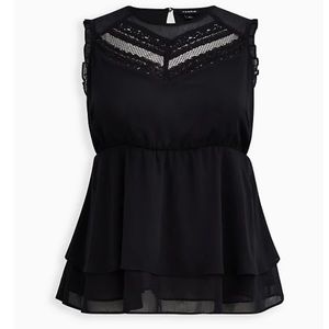 TORRID BLACK CRINKLE CHIFFON LACE INSET BABYDOLL TOP